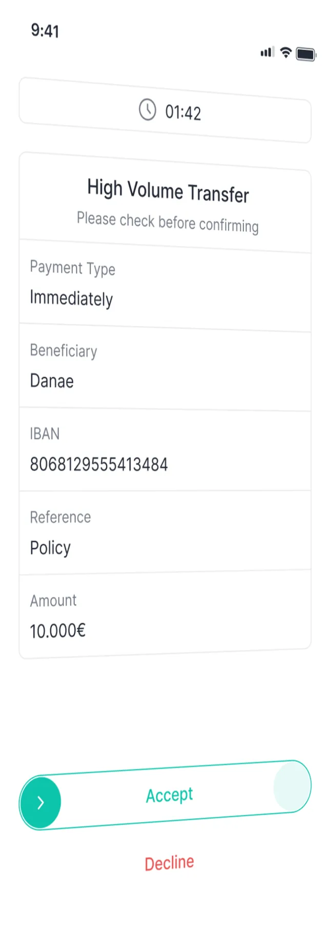 High-volume transfer approval screen with transaction signing