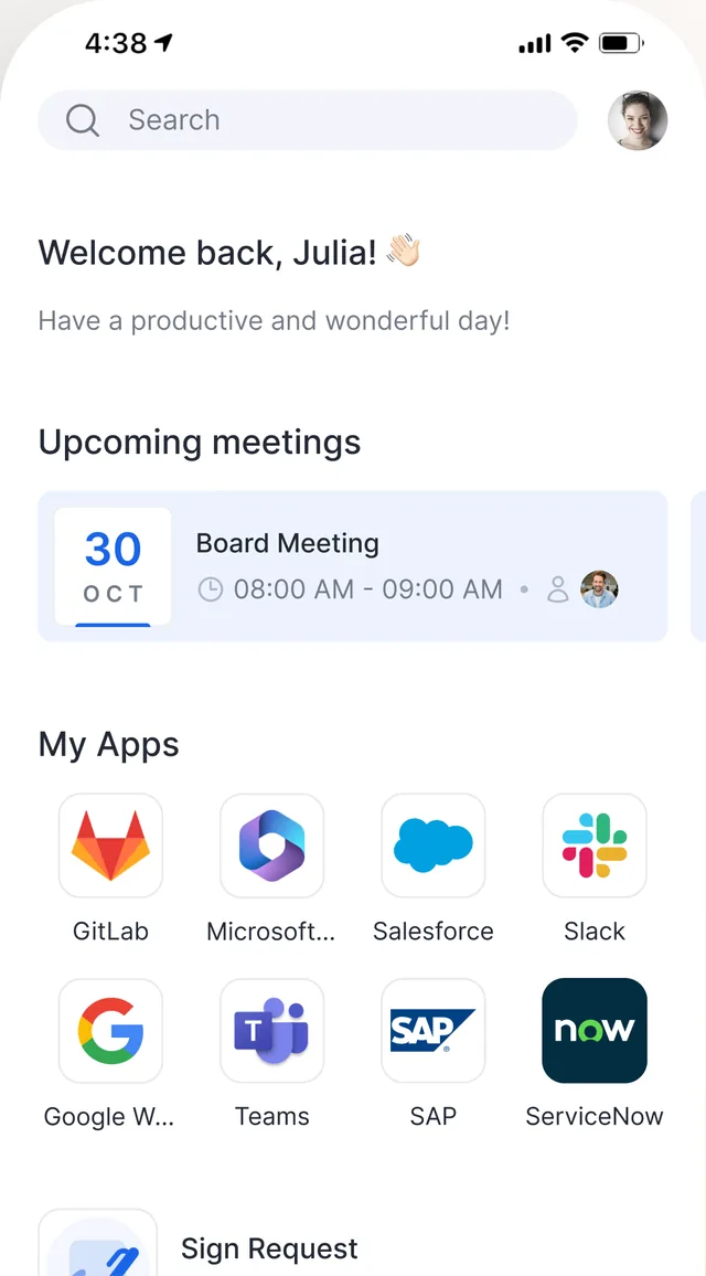 mPOWER enterprise SuperApp home screen with meetings and apps